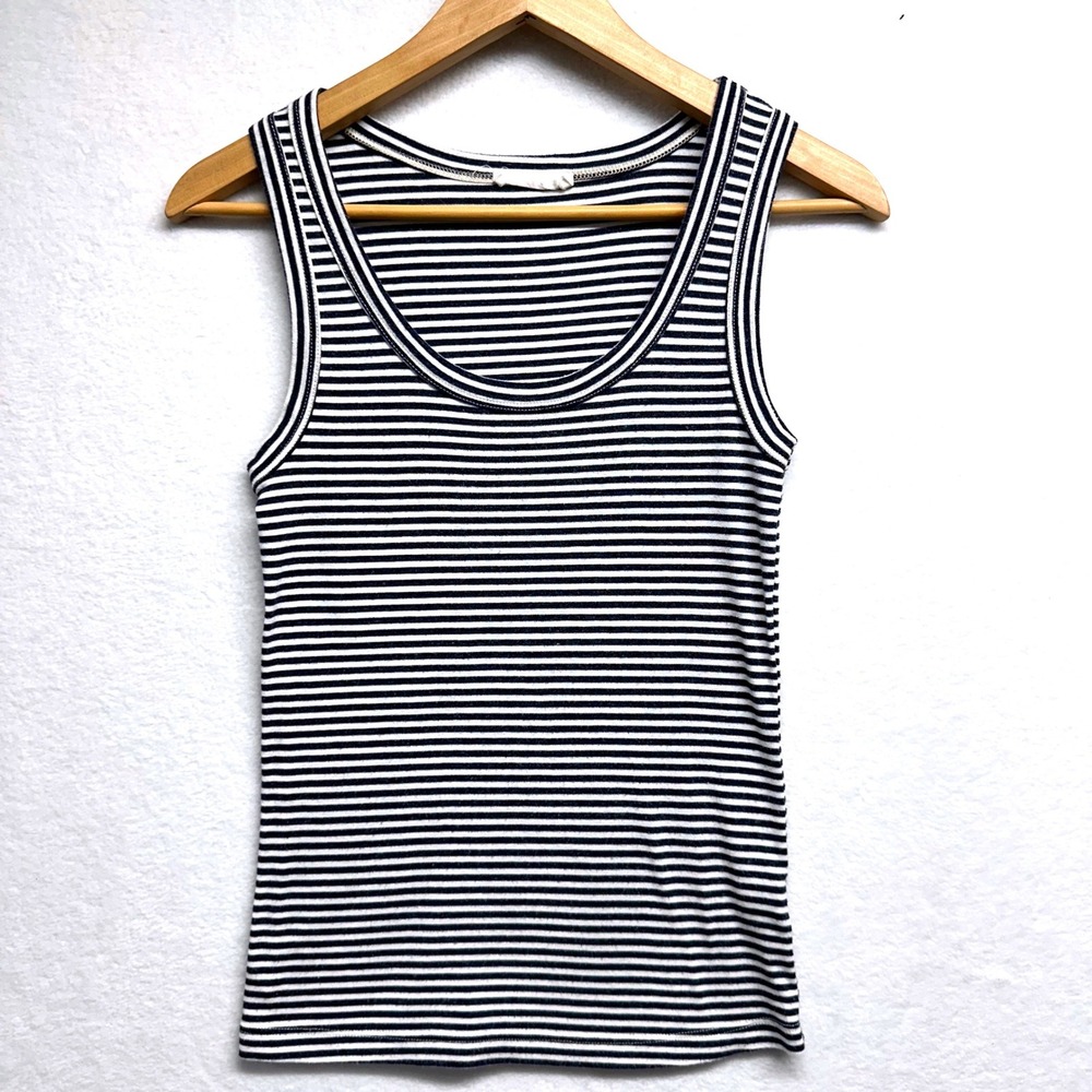 LACAUSA Tank Top Women XS Navy White Striped Scoop Neck Modal Cotton Blend Slim
